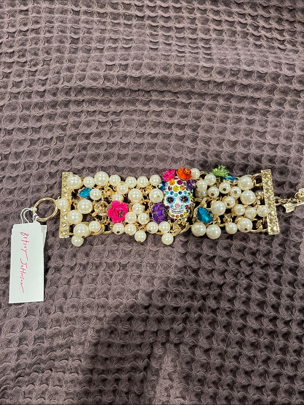 Betsey Johnson Gold Pearl Skull Statement Bracelet - Multicolor